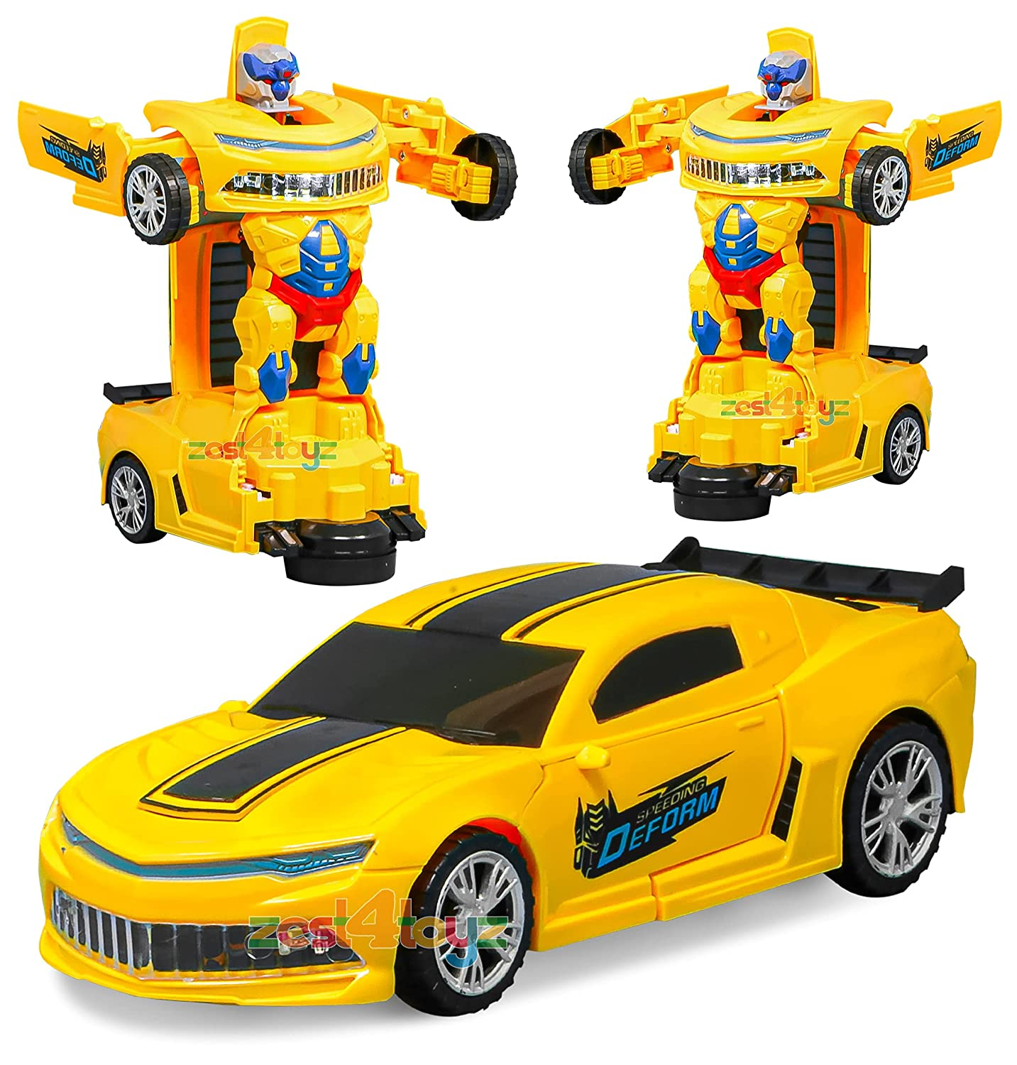 Transforming Robot Car, One Button Deformation Car Robot Toy with Realistic Race Car Sounds, LED Lights and 360 Degree Rotating Robot Function,Deform car - eFamas